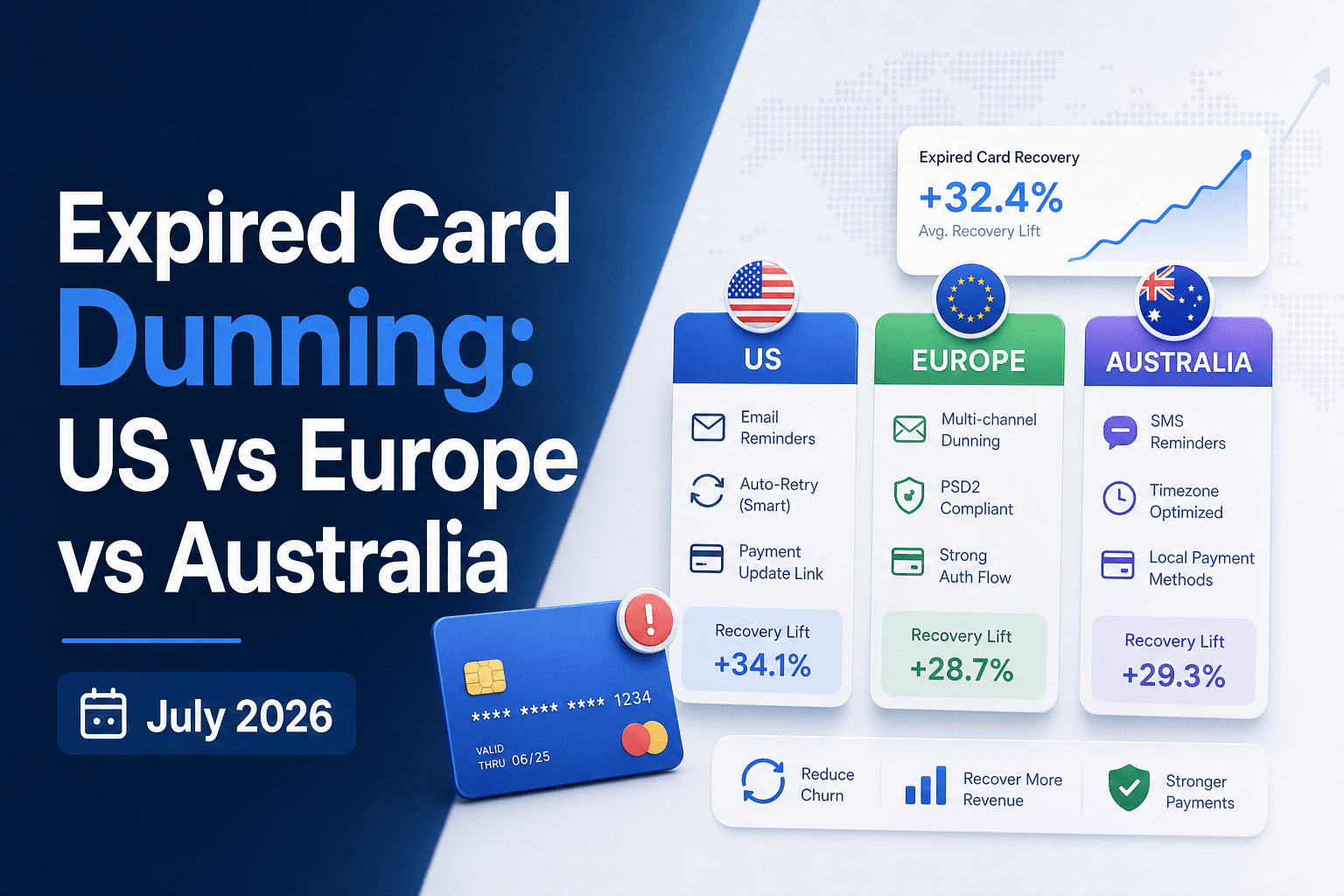 Expired Card Dunning: US vs Europe vs Australia (July 2026)